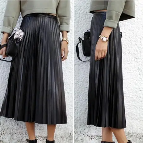 Free Shipping New Maxi Long Pleated Women Vintage High Waist PU Leather ...