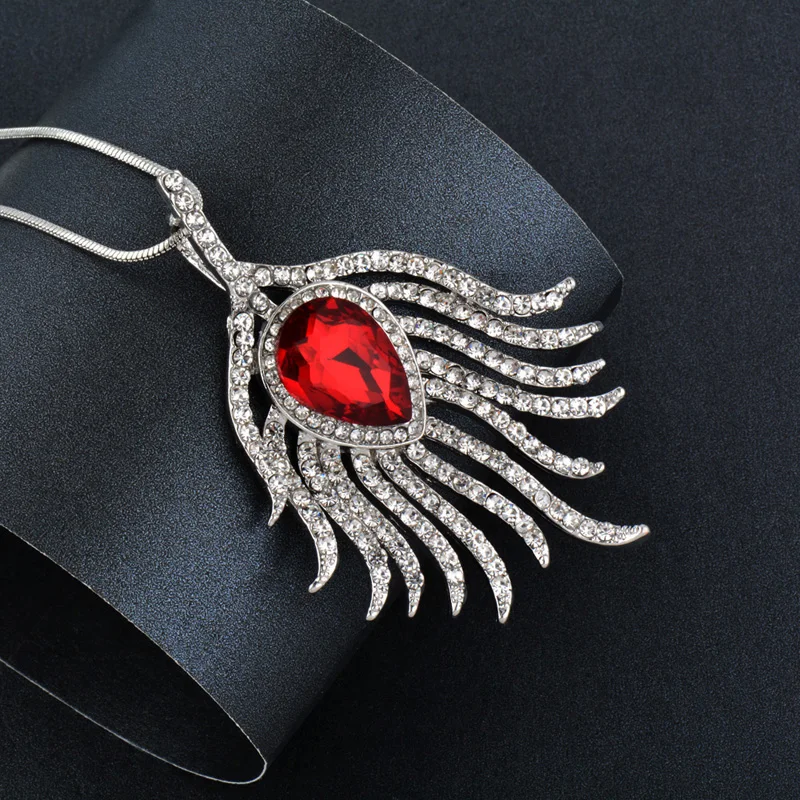 SINLEERY уникальное длинное ожерелье в форме Павлиньего пера для женщин красное ожерелье из белых камней массивные ювелирные изделия MY347 SSB