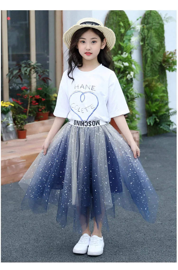 Summer Girls Skirts Sets Children Cotton T-shirts+ Star Lace Skirts Teenage Princess Outfits Fashion Korean Kids Clothing Sets