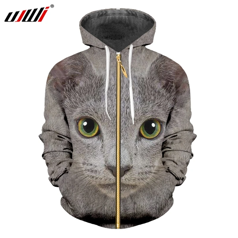 

UJWI Man New 3D Printed Cat Horrible Green Black Stitching Eyes Animal Zip Hoodies Large Size Funny Zipper Coat