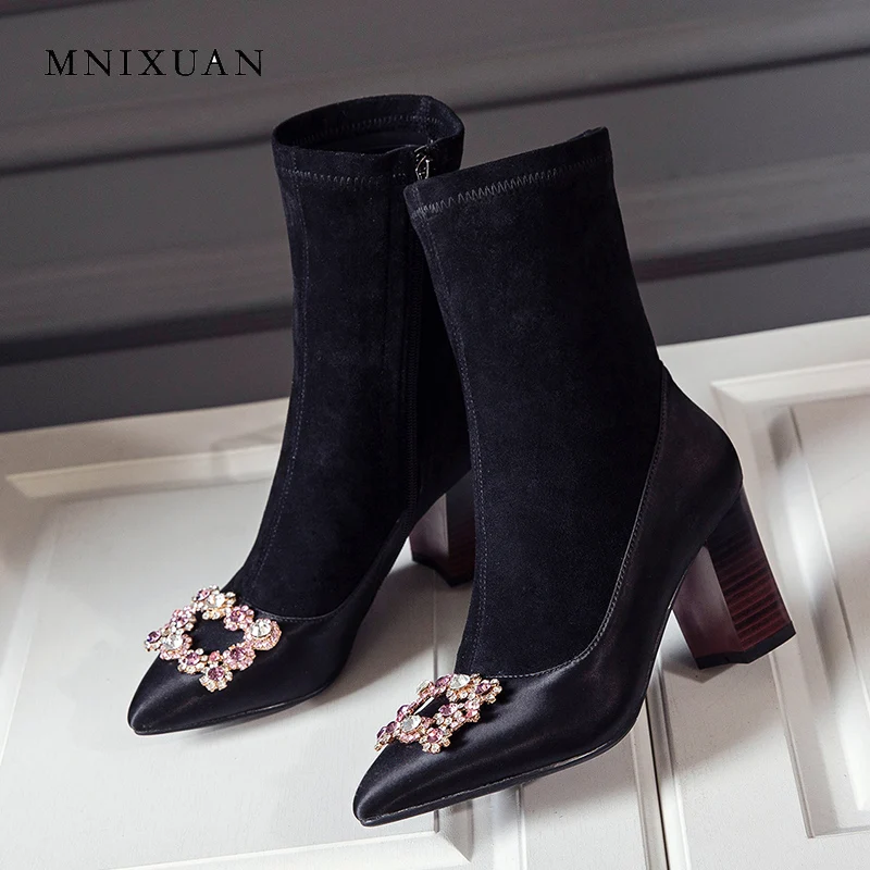 

MNIXUAN Special offer women shoes ankle boots black 2018 new pointed toe satin stretch boots with zipper high heels size 34-43