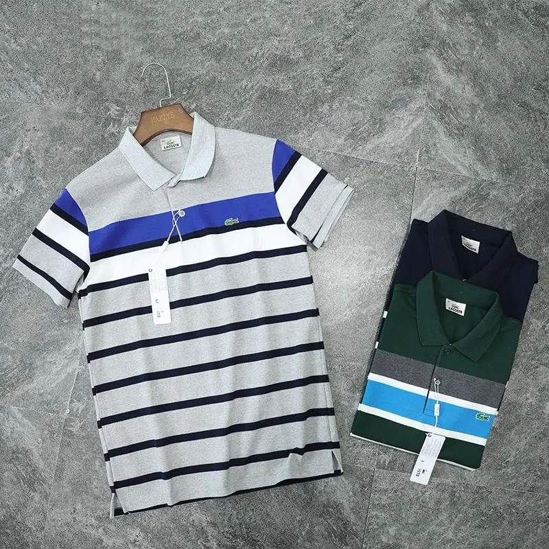 Lacostelegend T Shirt mens classic summer cotton fitness Short Sleeve Tees Fashion breathable stripe shirt ropa deportiva hombre