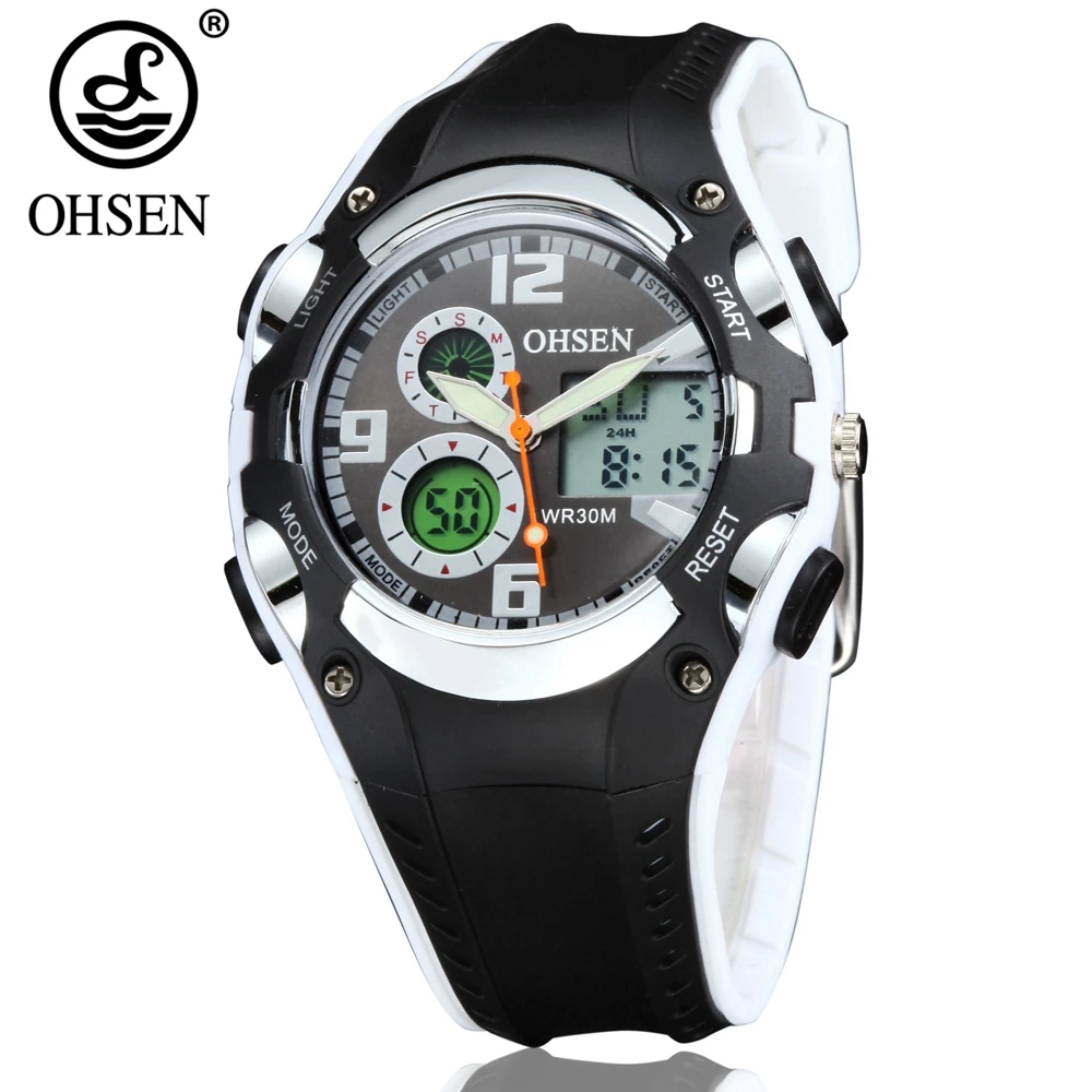 

Hot sale OHSEN digital quartz kids sport watches children wristwatches silicone strap fashion white outdoor alarm LCD hand clock