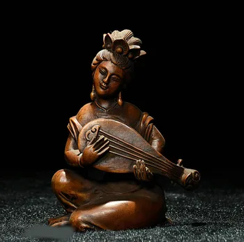 

wedding decoration Chinese Boxwood Wood Carved Classic Belle Beautiful Woman Play Qin Statue