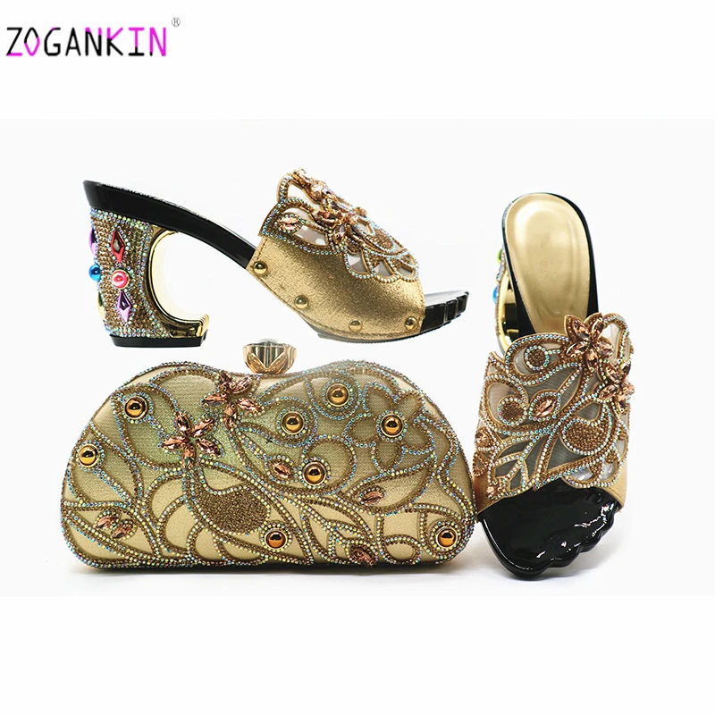 

2019 Latest Slingbacks Nigerian Women Shoes and Bag for Party Italian Ladies Slipper with Shinning Crystal in Golden Color