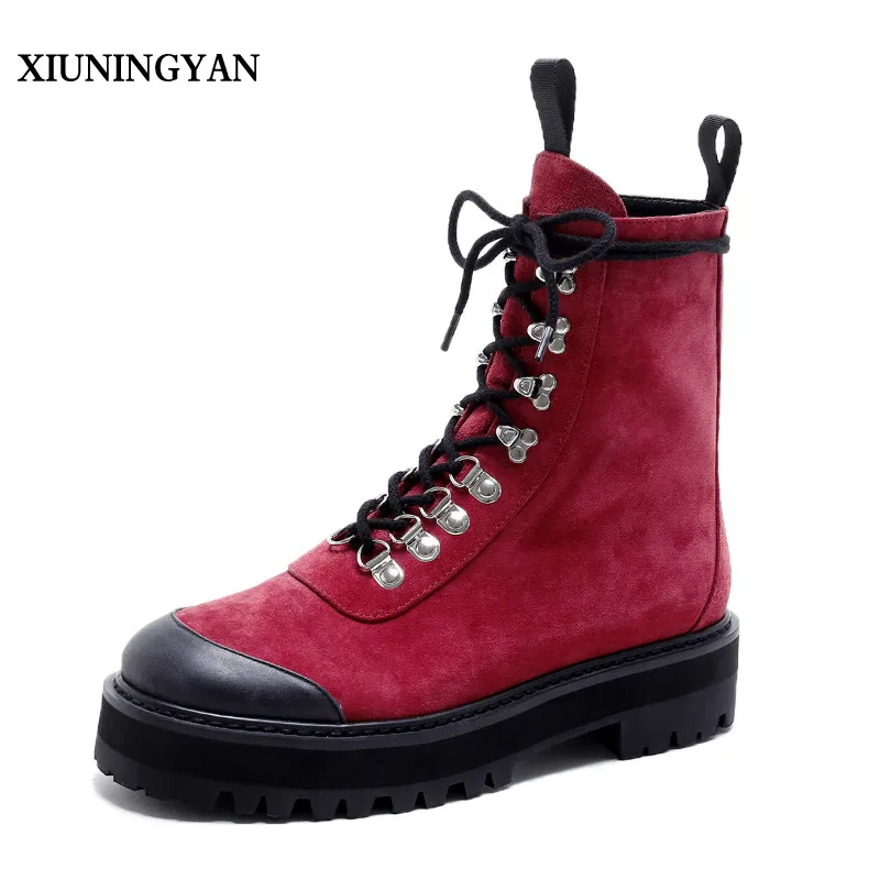 

XIUNINGYAN Thick Bottom Lace Up Women Boots Fashion Metal Ankle Boots Shoes Elegant Flat With Platform Black Boots Shoes Woman