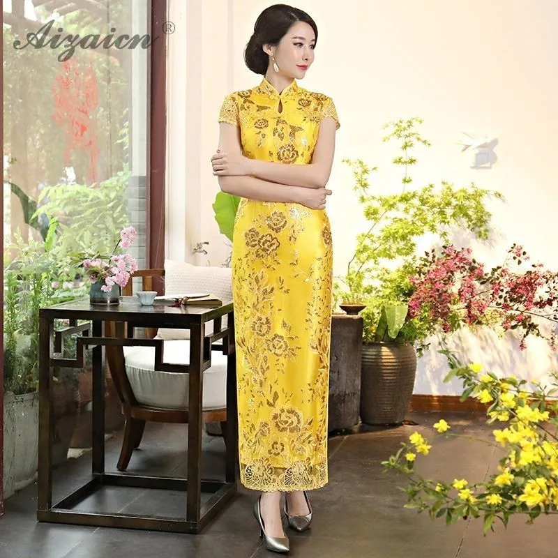 Qipao lentejuelas vestido Cheongsam del amarillo Qi Pao estilo восточные vestidos tnunica Chinoise bordado tradicional vestido