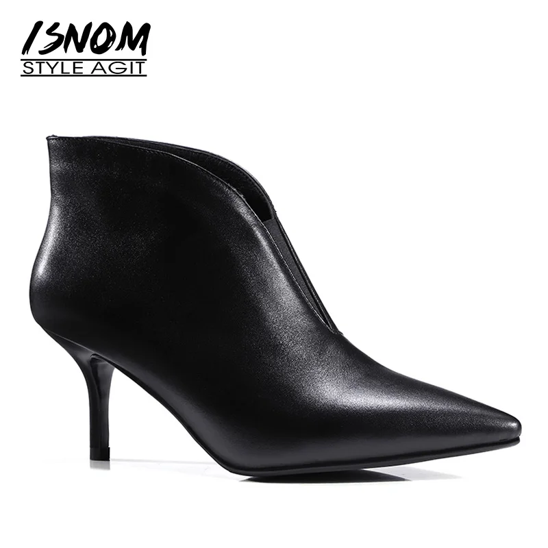 ISNOM New 2018 Genuine Leather Ankle Boots Women Thin Heels Shoes Pointed toe Slip on Footwear Female Autumn Boot High OL Shoes ISNOM New 2018 Genuine Leather Ankle Boots Women Thin Heels Shoes Pointed toe Slip on Footwear Female Autumn Boot High OL Shoes
