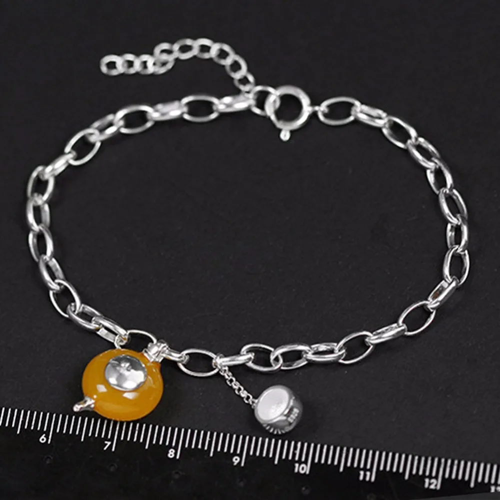 Lotus Fun Real 925 Sterling Silver Natural Amber Handmade Fine Jewelry Vintage Cute Teapot Bracelets for Women Bijoux