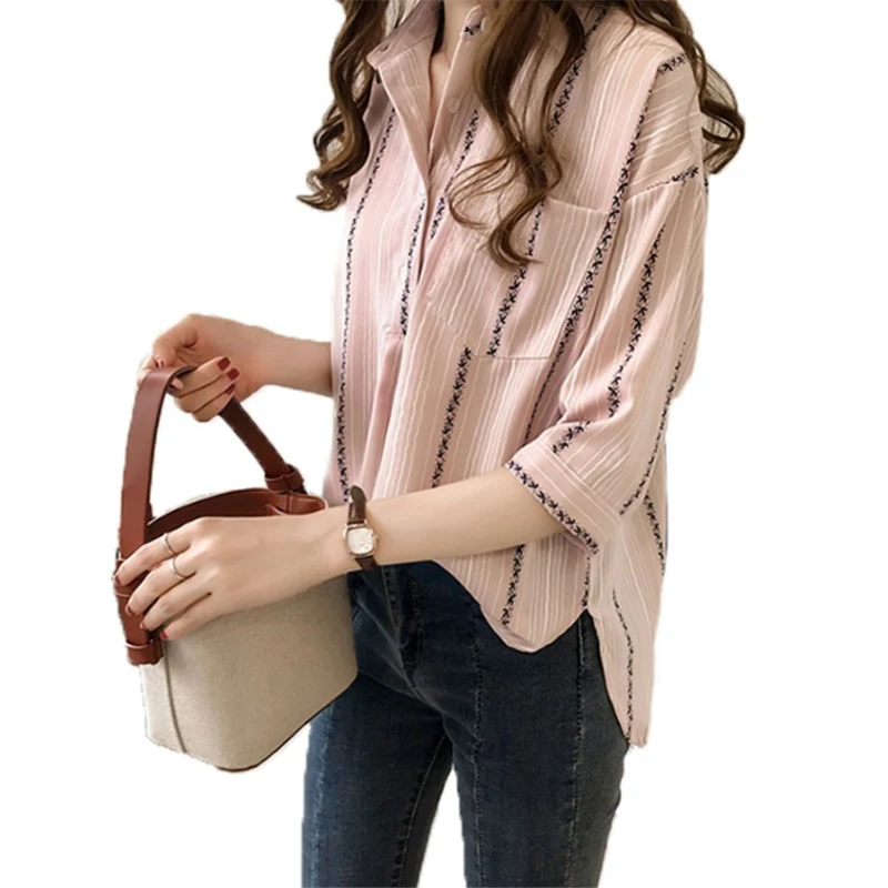 Striped Blouse Womens Tops And Blouses Spring Long Sleeves with Pocket Women Blouse Office Work OL Shirt M-4XL