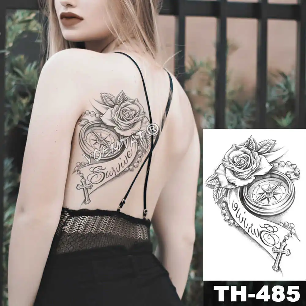 Leaf Rose Peony Lace Flower Waterproof Temporary Tattoo Sticker Black Big Tatto Body Art Shoulder Fake Tatoo For Women - Цвет: 19-TH485