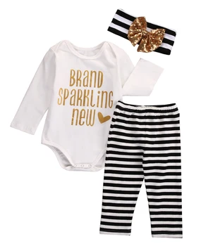 

Whole Sale 3PCS Set!!Newborn Kids Baby Girls Long Sleeve Letter Romper +Long Stripe Pants+Bow Headband