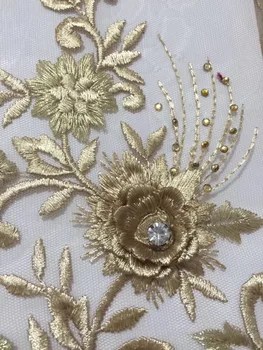 

Latest 2019 Gold African Lace Fabric With Rhinestones Nigerian Wedding Embroidered French Tulle Lace Material For Bridal