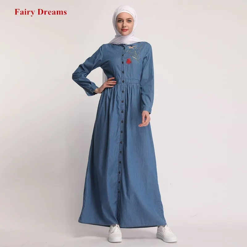 

Women Abaya Muslim Dress Kaftan Turkish Dubai Islamic Clothing Long Sleeve Denim Maxi Shirt Dresses Embroidery Robe Fairy Dreams
