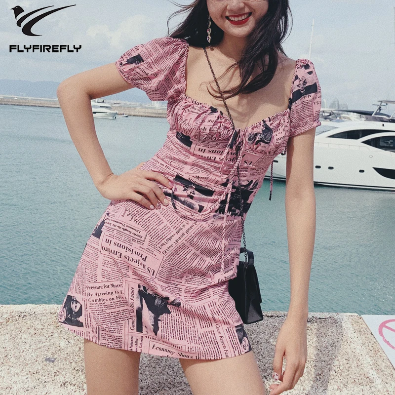 2019 летнее платье для женщин kawaii винтажные газетные печати Вечерние Розовые