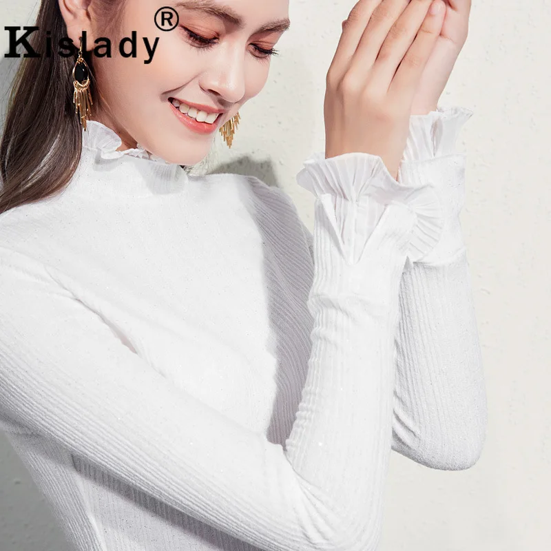 Kislady, блестящие топы для фитнеса, женские,, яркий, Шелковый экран, джемпер, женский, черный, белый, с расклешенными рукавами, размера плюс, футболки