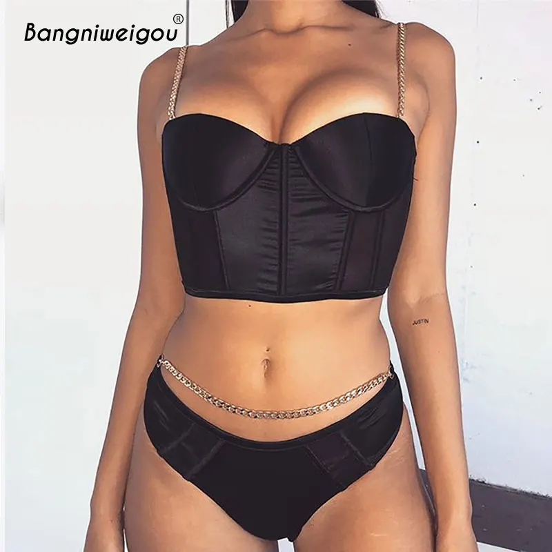 

Bangniweigou Sexy Black Satin Look Mesh Bralette Crop Top Chain Bottoms Sets Women Two Piece Set Straps Top Short Pants 2 Pieces