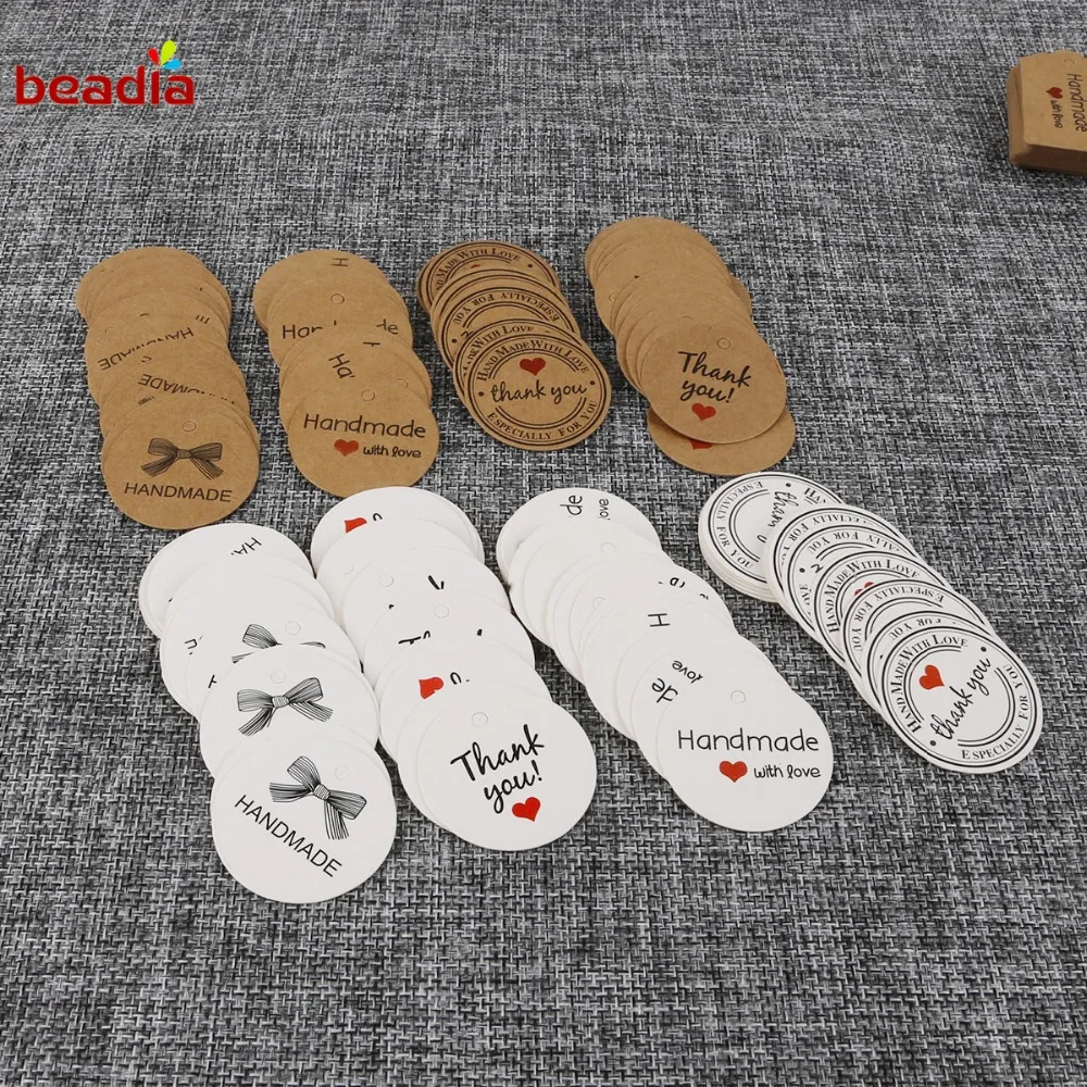 

100pcs Cute Round Brown/White Paper Gift Label Tag Handmade Jewelry Charms Tag Round Wedding Favors/Cookies Decorative Tag