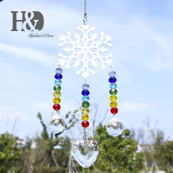 

H&D Metal Snowflake Sun Catcher Window Hanging Chandelier Prisms Rainbow Bead Chakra Suncatcher Garden Christmas tree Decoration