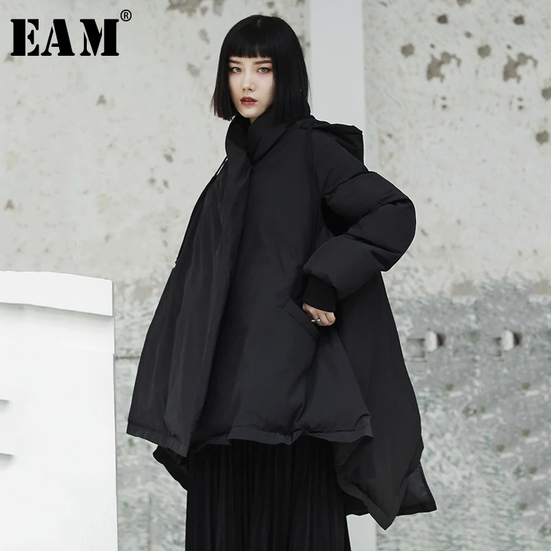 [EAM] 2019 New Spring Hooded Long Sleeve Black Loose Dovetail Large Size Cotton-padded Coat Women Parkas Fashion JK109