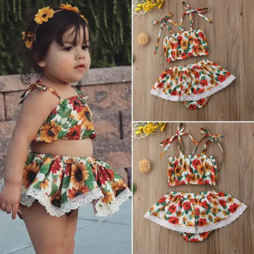 

Newborn Infant Floral Clothes Summer Baby Girl Sunflower Strap Top+Lace Skirt Shorts Pant Outfits Children Clothes