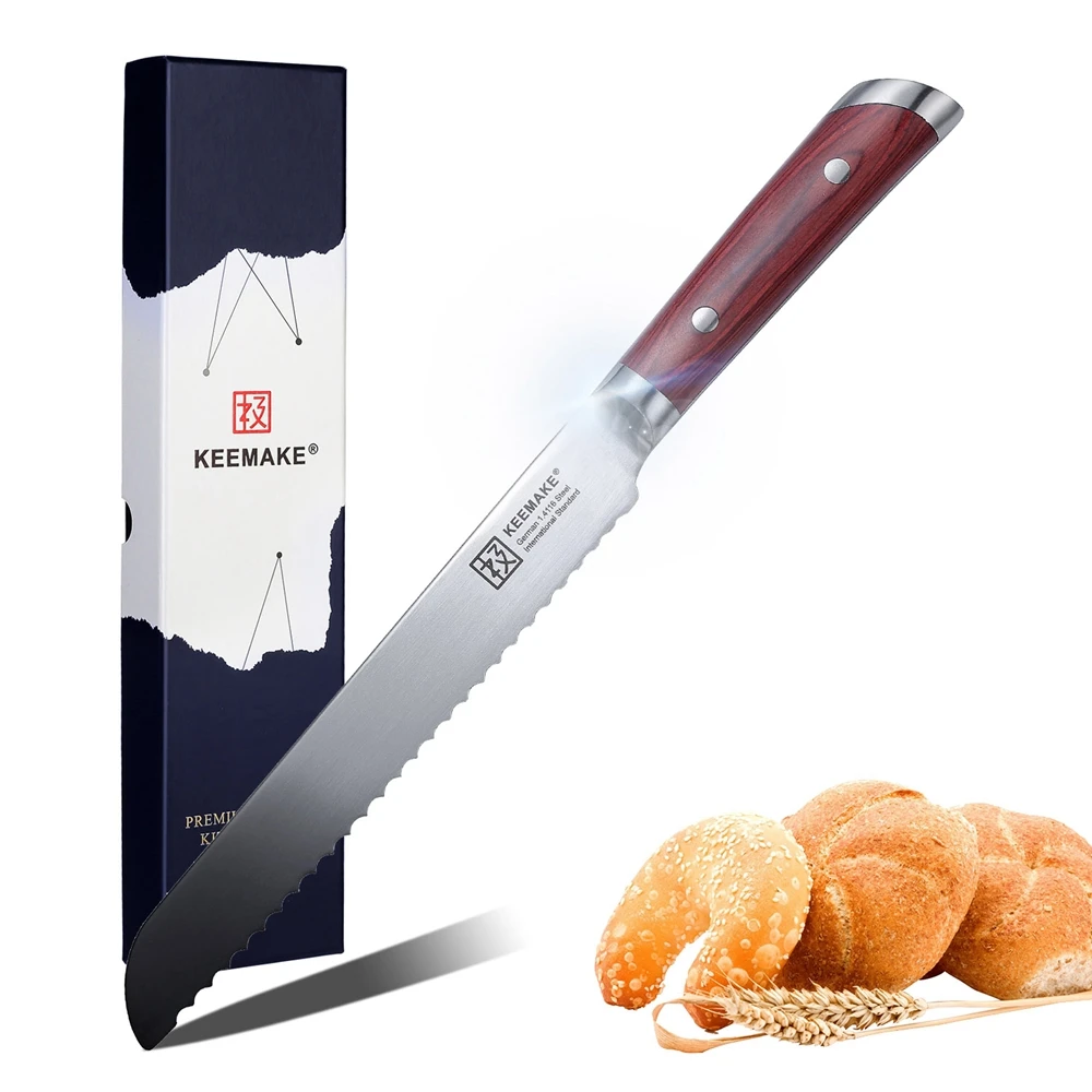 

KEEMAKE Chef Knife Kitchen Knives 8" inch Bread Cutter Tools German Stainless Steel 58HRC Strong Color Wood with Rivet Handle