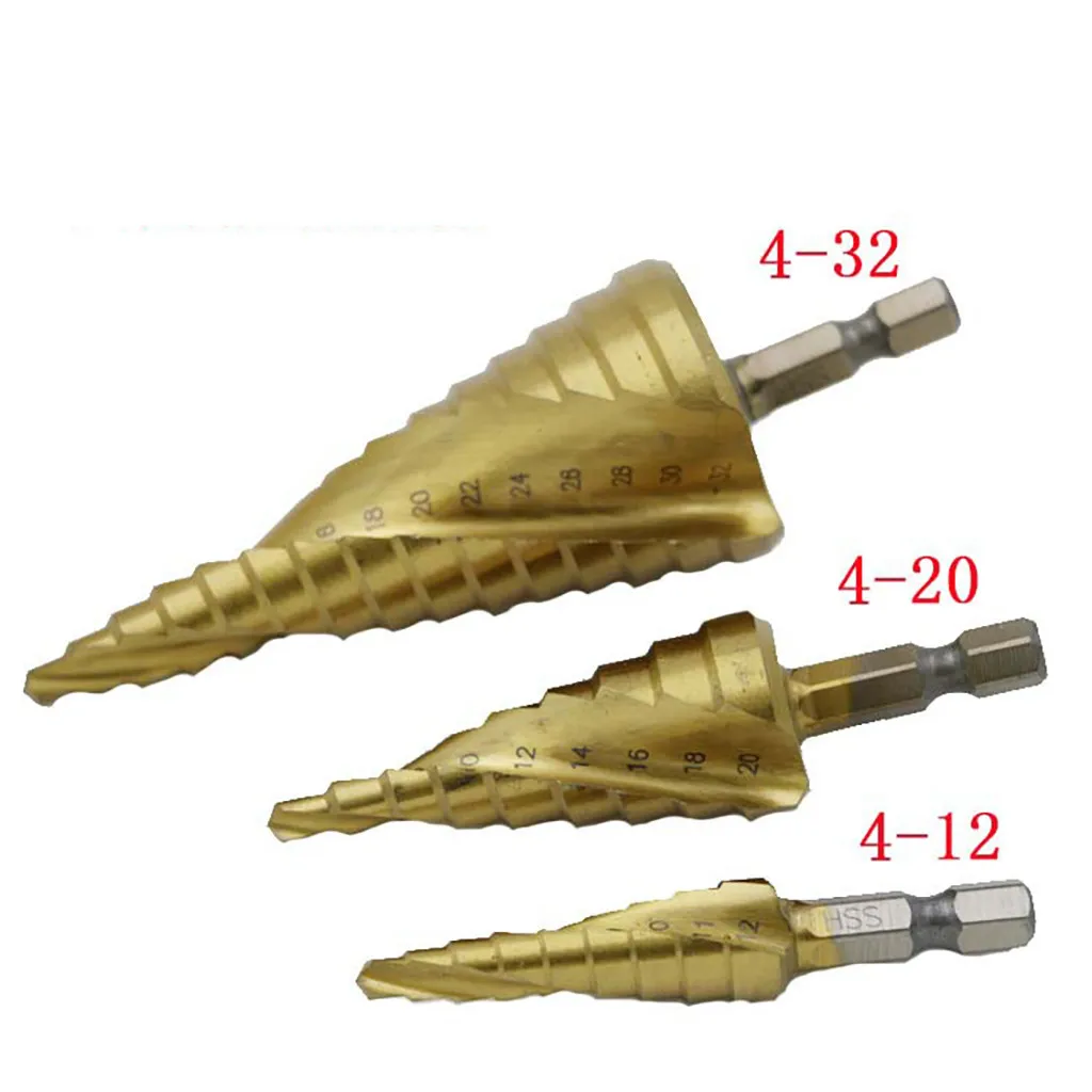 3 шт. металлические перовые сверла, на Возраст 4-12/20/32 мм Шаг сверло Спираль Флейта HSS Сталь конус Титан покрытием мини сверло Набор инструментов дыропробивной пресс