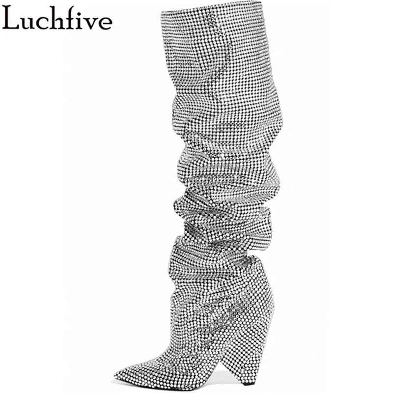 

Luchfive Crystal Genuine Leather Knee High Boots For Women Luxury Bling Bling Spring Winter Pointed Toe Office Party Boots