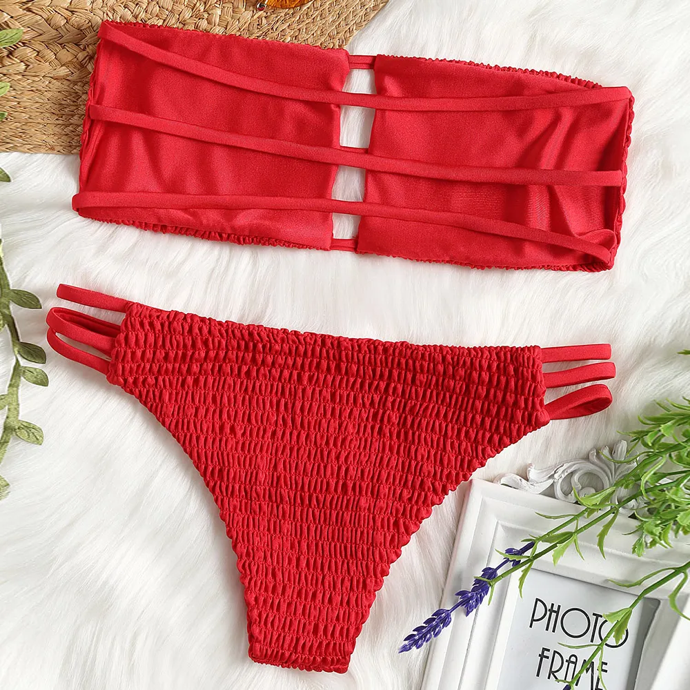 Two Piece Strapless Padded Women Ladder Cut Swimwear Bandeau Smocked