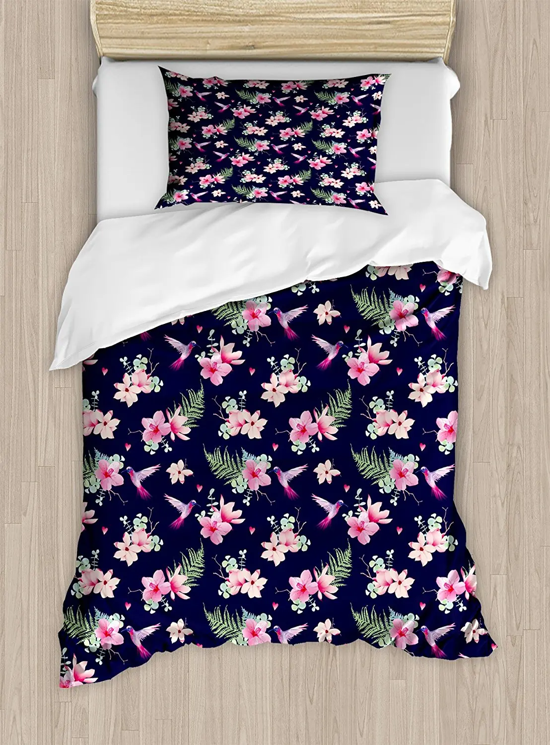 Navy and Blush Duvet Cover Set Tropical Flower Bouquets and Flying