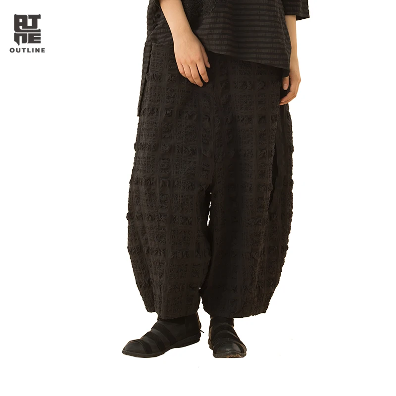 

Outline Women Black Spring Full Length Trousers Wrinkled Fabric Casual Plus Solid Pockets Elastic Waist Wide Leg Pants L181K003