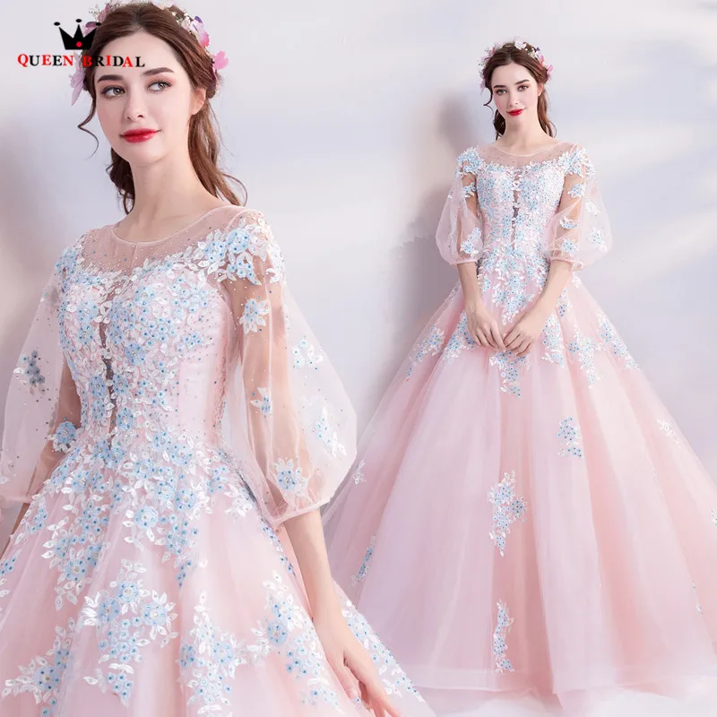 

Ball Gown Fluffy Tulle Lace Beading Crystal Luxury Pink Long Evening Dresses 2018 New Party Evening Gown Robe De Soiree MT66