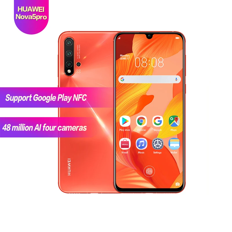 

Huawei Nova 5 Pro 6.39" OLED Full Screen Support NFC 2340*1080 Octa Core 3500mAh 5 cameras 32MP+48MP+16MP+2MP+2MP Super Charge