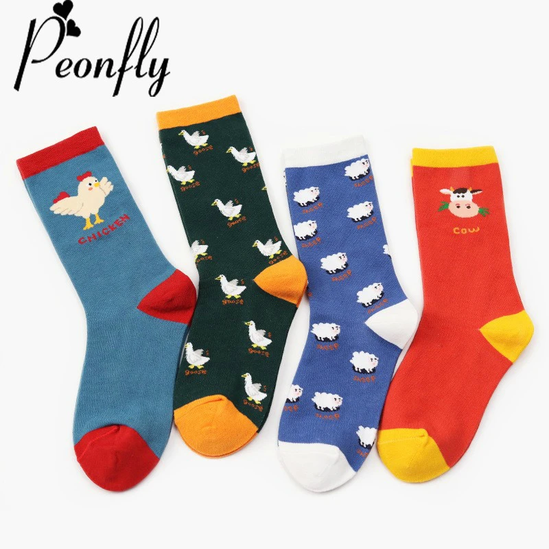 

PEONFLY Women Harajuku Socks Cute Cow Goose Chicken Sheep Pattern Socks Animal Knee Socks Lovely Funky Female Cotton Funny Sock