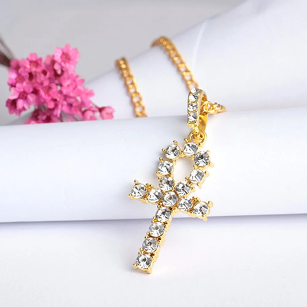 

High quality Gold color hip hop Egyptian Ankh Key cross pendant necklace with long cuban link chain for unisex jewelry #281386