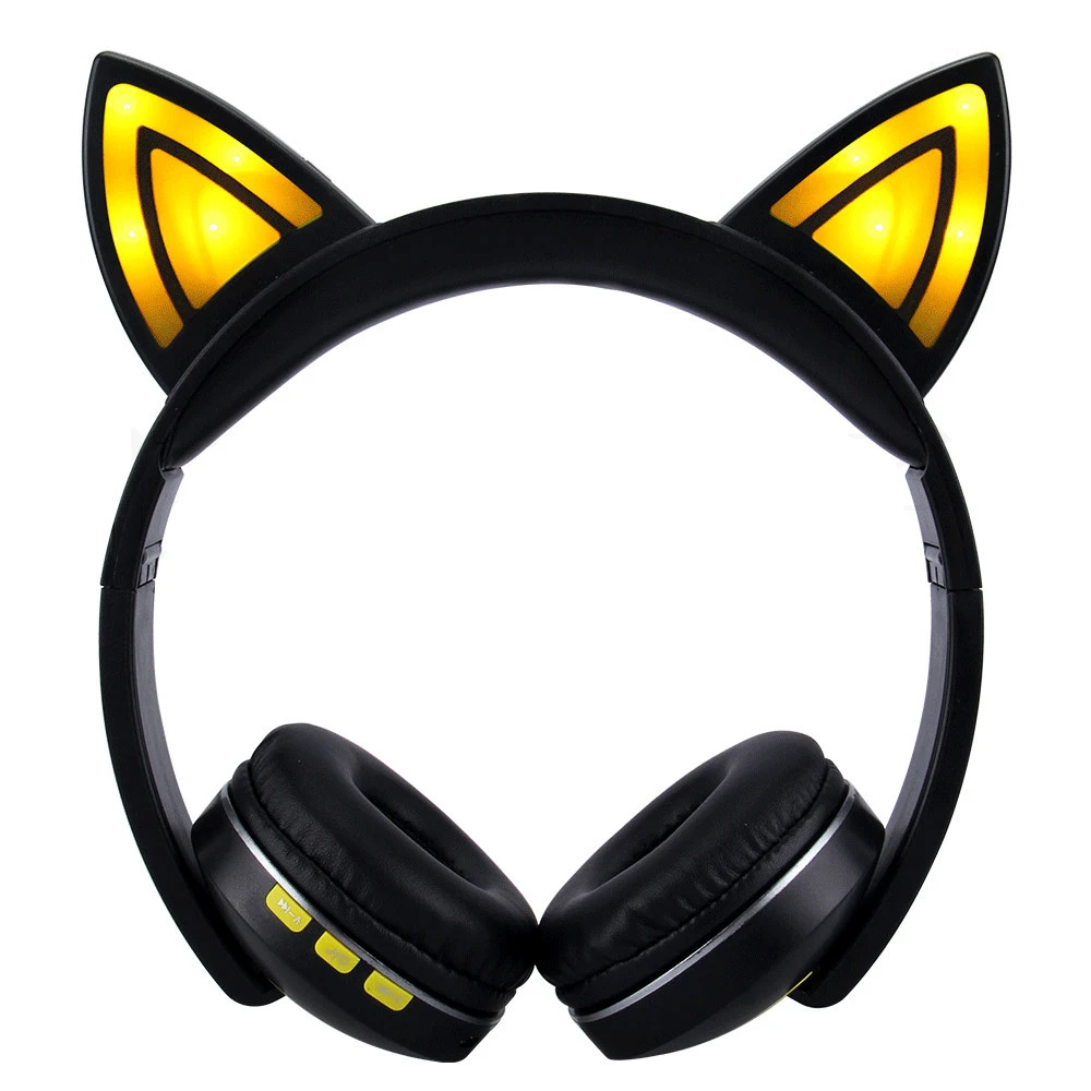 Cue Cat LED Foldable Bluetooth Headphone Wireless Headset Headband Stereo Earphone with Mic for Mobile Phone PC Gift Girls Kids