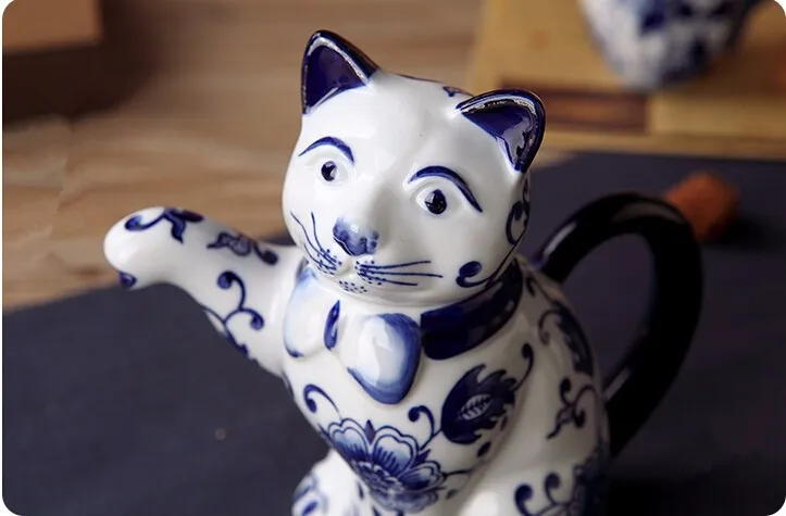 Ручная роспись голубой и белый керамический чайник для кошек креативный керамический чайник для животных один горшок 490 мл