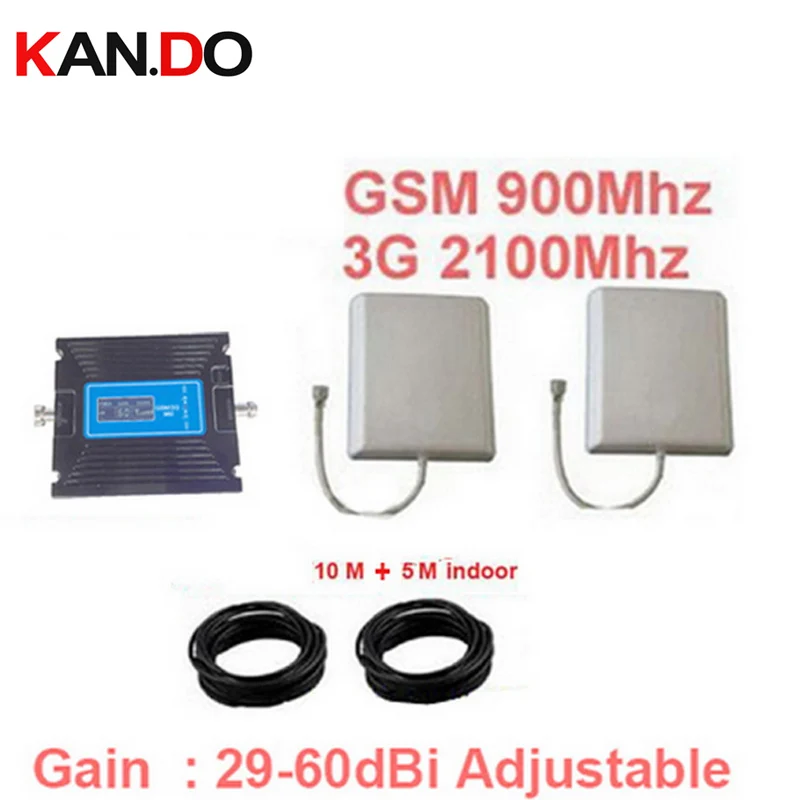 

60dbi gain adjustable GSM 900Mhz Booster+3G WCDMA 2100Mhz Repeater dual band booster kits w/ cable & antennas dual band booster