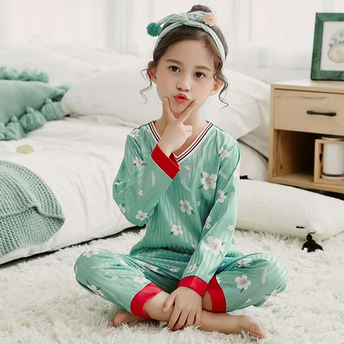 Комплект шелковой пижамы для девочек; коллекция года; Осенняя детская одежда с длинными рукавами; одежда для сна; костюм для девочек; Милые Удобные пижамные комплекты для детей - Цвет: M-6816