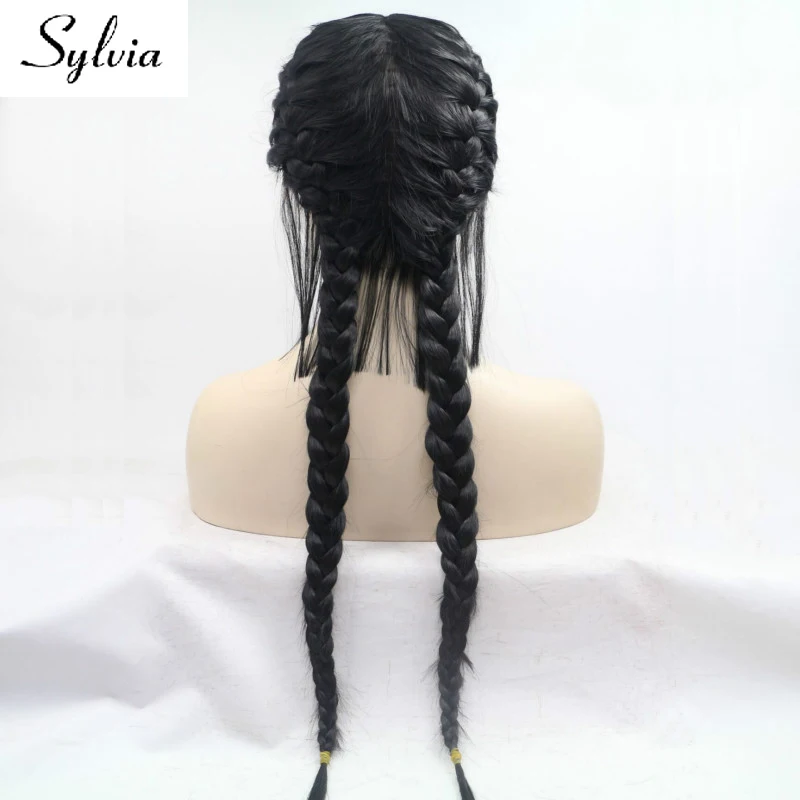 Sylvia 1b # черный плетеный хвост Синтетический кружевной передний парик с волосами