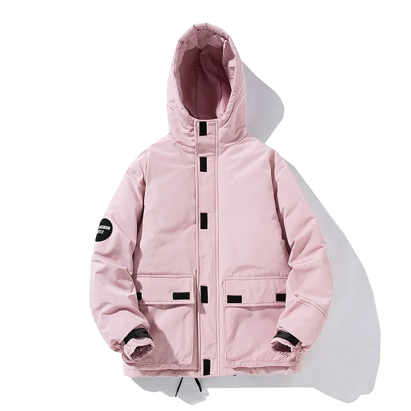 Мужская зимняя куртка, толстая, теплая, с хлопковой подкладкой, бейсбольная верхняя одежда, повседневная, одноцветная, с капюшоном, с несколькими карманами, стоимость парки Homme - Цвет: Розовый