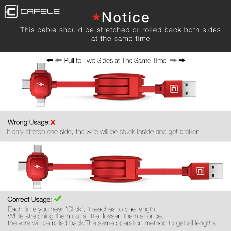 Cafele 3 in 1 Retractable USB Cable 8 Pin Micro Type C USB cable for iPhone huawei xiaomi samsung 150cm Data Sync USB Cable