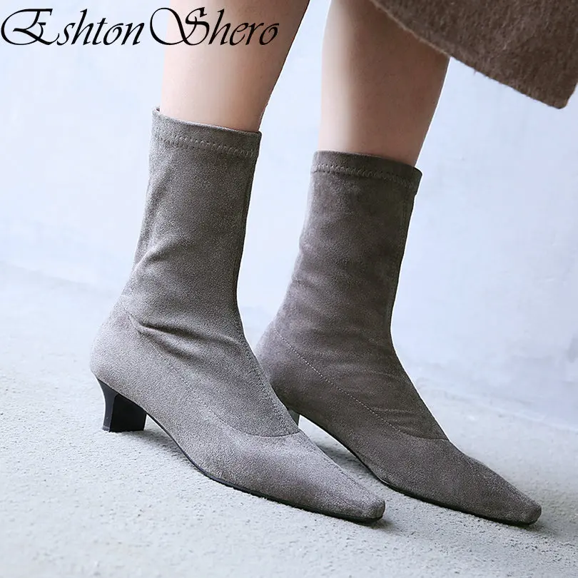 

EshtonShero Shoes Woman Ankle Women Sock Boots Low Heels Flock Pointed Toe New Arrivals Ladies Riding Motorcycle Boot Size 34-40