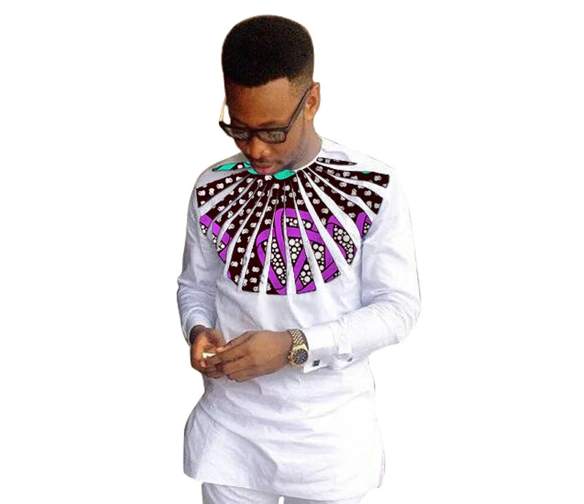 Африканская одежда мужская рубашка с круглым вырезом Анкара белая с принтом Топы Лоскутная индивидуальная одежда мужская рубашка Дашики для свадьбы - Цвет: 9