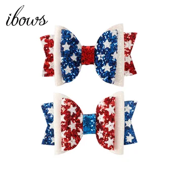 

IBOWS 2PCS Hair Accessories 3 Inch 4th of July Glitter Hair Clips for Girls Flag Print Hair Bows Independence Day Hair Barrettes