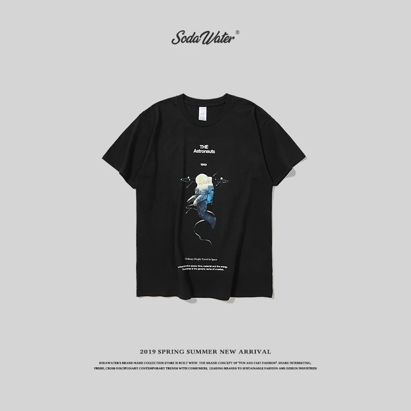 

SODA WATER Brand T-shirt Astronaut Printed Cotton Top Tee Men's Tee Shirts O-neck High Street Summer T-shirt 91278S