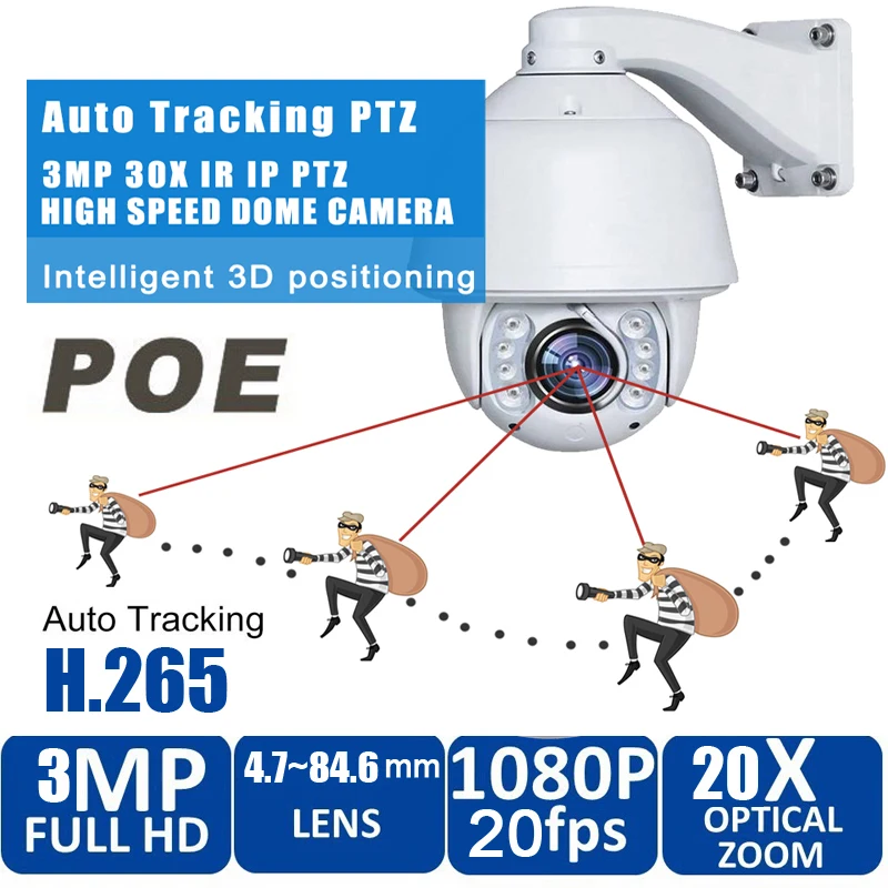 H.265 Автоматическое отслеживание PTZ ip-камера 3MP 1080 P 20x оптический зум P2P onvif ИК Открытый POE сети высокой скорости купольная ptz-камера IP