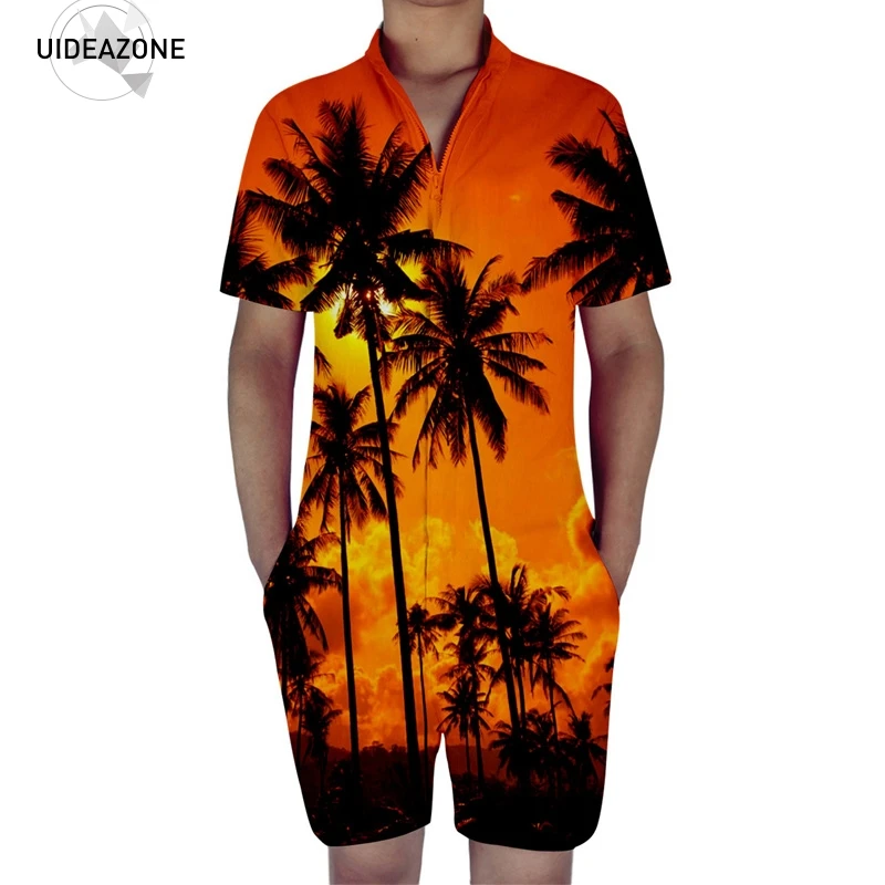 

Men Summer Shorts 3D Printed Bro Romper Jumpsuit One Piece Romper Outfits Paml Tree Printed Overalls