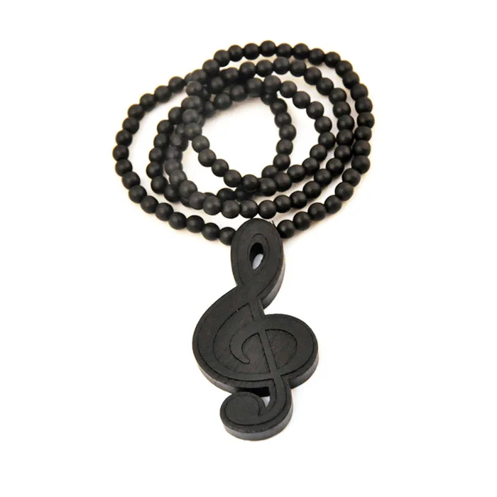 

Men's Hip Hop Music Symbol Wood Pendant Necklace Femininos Vintage Boho Long Bead Chain Necklace Women Collier Jewelry
