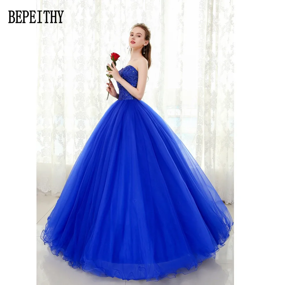 BEPEITHY vestido de festa Настоящее фото милое Тюлевое платье длиной до пола с бисером и блестками бальное платье Королевский синий платье для выпускного вечера